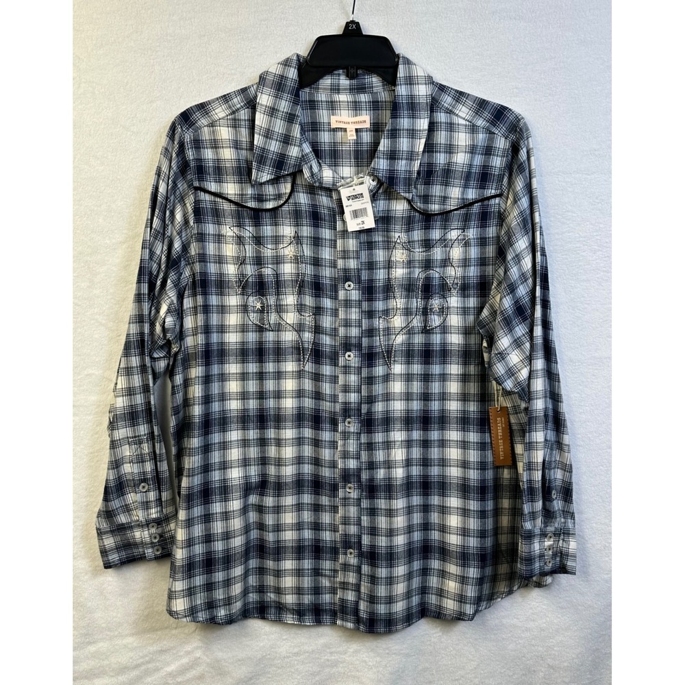 Vintage Threads Tractor Supply Co Blue Plaid Western Embroidered Shirt 2X NWT